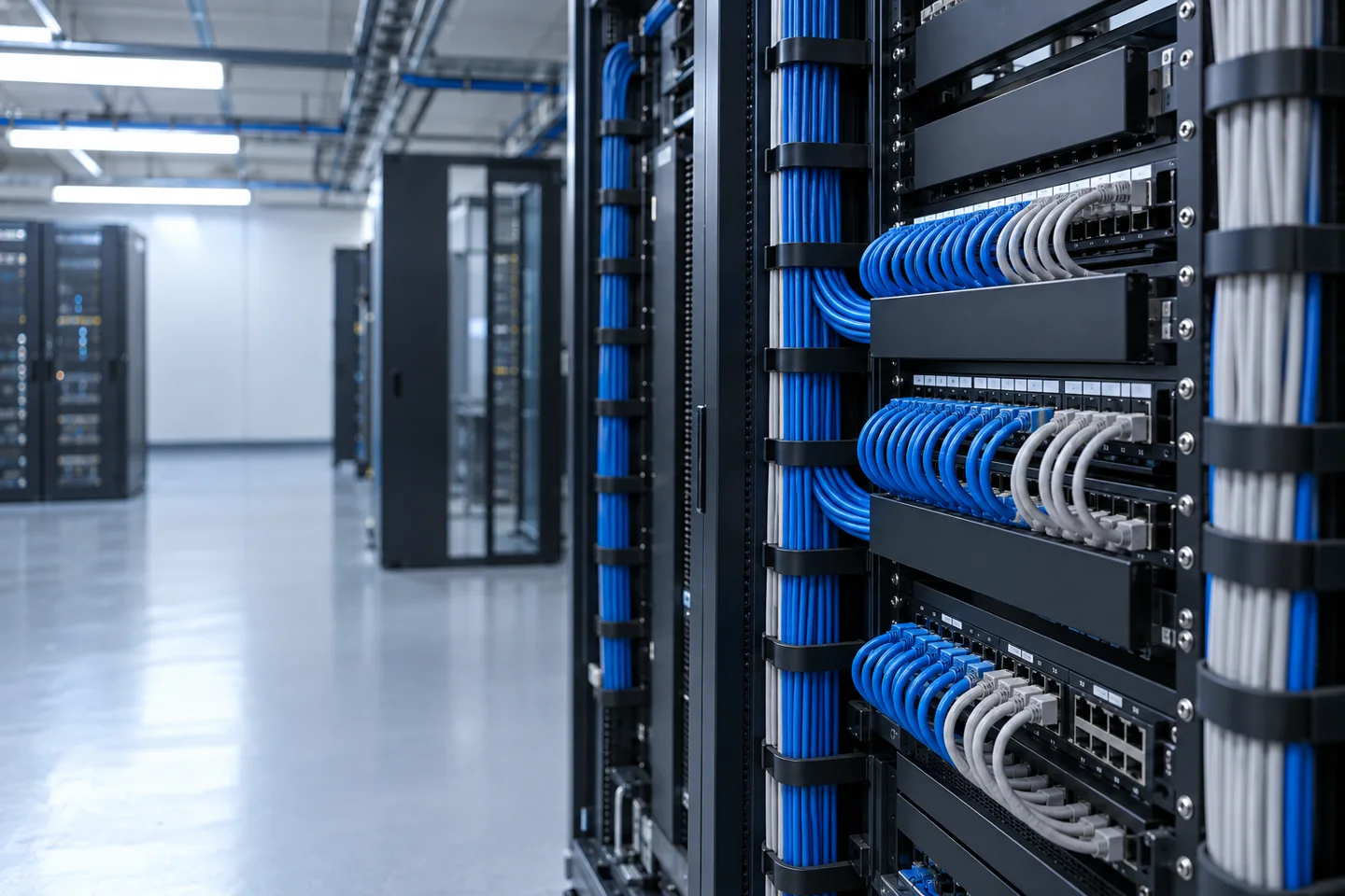 Rack e patch panels de cabeamento estruturado