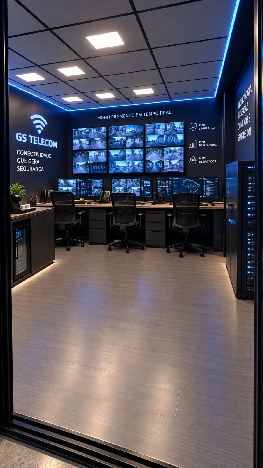 Central de monitoramento com identificação GS Telecom e telas de câmeras de segurança