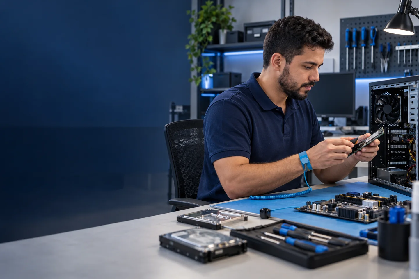 Manutenção de computador em bancada de TI